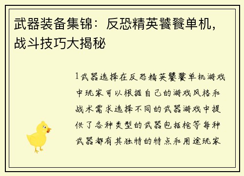 武器装备集锦：反恐精英饕餮单机，战斗技巧大揭秘